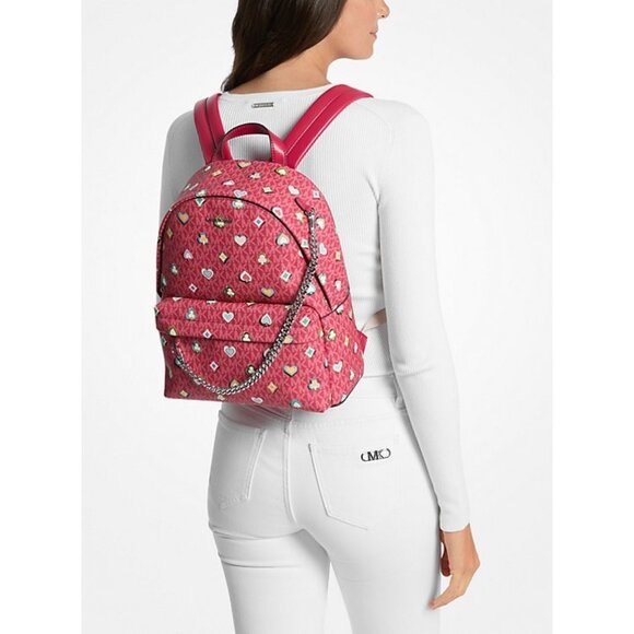 New Michael Kors Slater Medium Printed Signature Logo Backpack Dark Raspberry - Picture 6 of 6